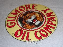 Vintage Gilmore Oil Company Lion Growling 11 3/4 Porcelain Metal Gasoline Sign
