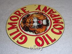Vintage Gilmore Oil Company Lion Growling 11 3/4 Porcelain Metal Gasoline Sign