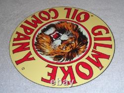 Vintage Gilmore Oil Company Lion Growling 11 3/4 Porcelain Metal Gasoline Sign