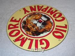 Vintage Gilmore Oil Company Lion Growling 11 3/4 Porcelain Metal Gasoline Sign