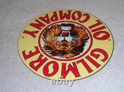 Vintage Gilmore Oil Company Lion Growling 11 3/4 Porcelain Metal Gasoline Sign
