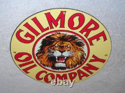 Vintage Gilmore Oil Company Lion Growling 11 3/4 Porcelain Metal Gasoline Sign