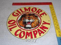 Vintage Gilmore Oil Company Lion Growling 11 3/4 Porcelain Metal Gasoline Sign