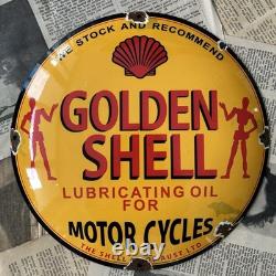 Vintage Golden Shell Oil For Motorcycles 12 Inch Convex Porcelain Enamel Sign