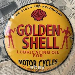 Vintage Golden Shell Oil For Motorcycles 12 Inch Convex Porcelain Enamel Sign
