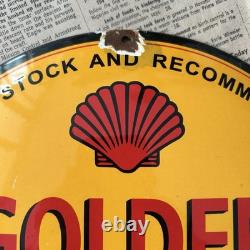 Vintage Golden Shell Oil For Motorcycles 12 Inch Convex Porcelain Enamel Sign