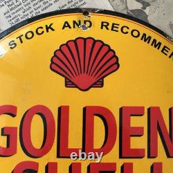Vintage Golden Shell Oil For Motorcycles 12 Inch Convex Porcelain Enamel Sign