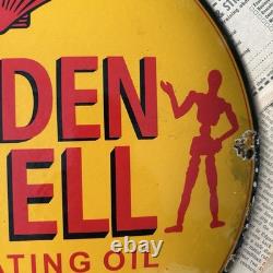 Vintage Golden Shell Oil For Motorcycles 12 Inch Convex Porcelain Enamel Sign