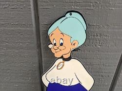 Vintage Granny Cartoon Character Porcelain Enamel Metal Sign Die Cut 13 X 5