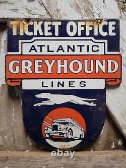 Vintage Greyhound Porcelain Sign Atlantic Bus Ticket Train Line Dog Veribrite