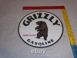 Vintage Grizzly Gasoline Dubbs Cracked Bear 11 3/4 Porcelain Metal Gas Oil Sign