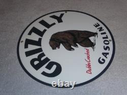 Vintage Grizzly Gasoline Dubbs Cracked Bear 11 3/4 Porcelain Metal Gas Oil Sign