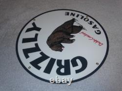 Vintage Grizzly Gasoline Dubbs Cracked Bear 11 3/4 Porcelain Metal Gas Oil Sign