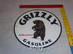 Vintage Grizzly Gasoline Dubbs Cracked Bear 11 3/4 Porcelain Metal Gas Oil Sign