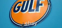 Vintage Gulf Gasoline Porcelain Gas Motor Oil Service Station Pump Plate Sign