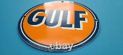 Vintage Gulf Gasoline Porcelain Gas Motor Oil Service Station Pump Plate Sign