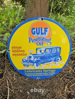 Vintage Gulf Gasoline Sign Porcelain Enamel Penetrating Oil Gas Station Sign