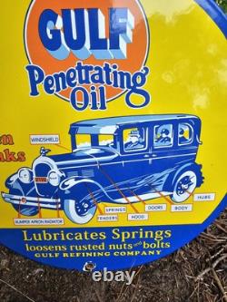 Vintage Gulf Gasoline Sign Porcelain Enamel Penetrating Oil Gas Station Sign