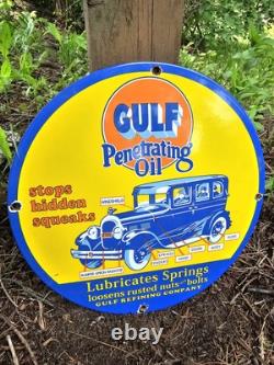 Vintage Gulf Gasoline Sign Porcelain Enamel Penetrating Oil Gas Station Sign