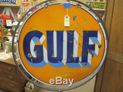 Vintage Gulf Oil Porcelain Double Sided Advertisement Sign 30 Round