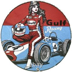 Vintage Gulf Racing Gasoline Porcelain Sign Pin Up Gas Station Motor Oil Pump