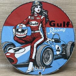 Vintage Gulf Racing Gasoline Porcelain Sign Pin Up Gas Station Motor Oil Pump
