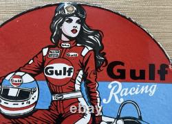 Vintage Gulf Racing Gasoline Porcelain Sign Pin Up Gas Station Motor Oil Pump
