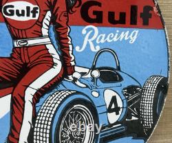 Vintage Gulf Racing Gasoline Porcelain Sign Pin Up Gas Station Motor Oil Pump