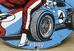 Vintage Gulf Racing Gasoline Porcelain Sign Pin Up Gas Station Motor Oil Pump