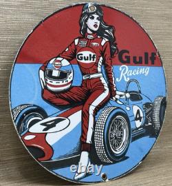 Vintage Gulf Racing Gasoline Porcelain Sign Pin Up Gas Station Motor Oil Pump
