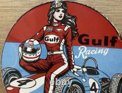 Vintage Gulf Racing Gasoline Porcelain Sign Pin Up Gas Station Motor Oil Pump