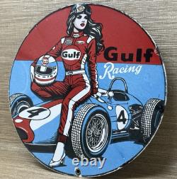 Vintage Gulf Racing Gasoline Porcelain Sign Pin Up Gas Station Motor Oil Pump
