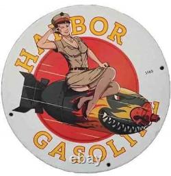 Vintage Harbor Gasoline Pinup Girl Porcelain Gas Oil Motor Pump Plate Lube Sign