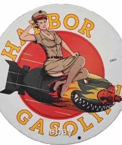 Vintage Harbor Gasoline Pinup Girl Porcelain Gas Oil Motor Pump Plate Lube Sign