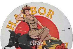 Vintage Harbor Gasoline Pinup Girl Porcelain Gas Oil Motor Pump Plate Lube Sign