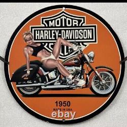 Vintage Harley Davidson Motorcycle Pinup Girl Porcelain Gas Oil Garage Pump Sign