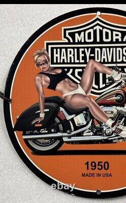 Vintage Harley Davidson Motorcycle Pinup Girl Porcelain Gas Oil Garage Pump Sign