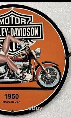 Vintage Harley Davidson Motorcycle Pinup Girl Porcelain Gas Oil Garage Pump Sign