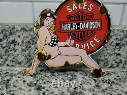 Vintage Harley Davidson Porcelain Motorcycle Girl Sign Gas Station Oil Service