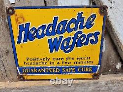 Vintage Headache Wafers Porcelain Sign Doctors Cure Remedy Hospital Medicine