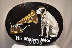 Vintage His Master Voice Sign Board Porcelain Enamel Double Sided Oval Shape