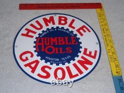 Vintage Humble Gasoline Oil +refining 11 3/4 Porcelain Metal Houston Texas Sign