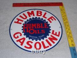 Vintage Humble Gasoline Oil +refining 11 3/4 Porcelain Metal Houston Texas Sign
