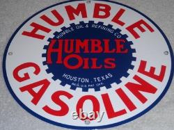 Vintage Humble Gasoline Oil +refining 11 3/4 Porcelain Metal Houston Texas Sign