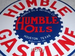 Vintage Humble Gasoline Oil +refining 11 3/4 Porcelain Metal Houston Texas Sign
