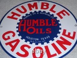 Vintage Humble Gasoline Oil +refining 11 3/4 Porcelain Metal Houston Texas Sign