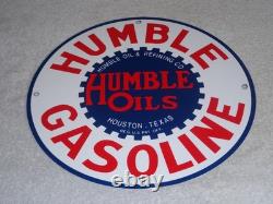 Vintage Humble Gasoline Oil +refining 11 3/4 Porcelain Metal Houston Texas Sign