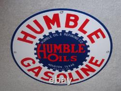 Vintage Humble Gasoline Oil +refining 11 3/4 Porcelain Metal Houston Texas Sign