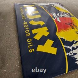 Vintage Husky Dog Motor Old Us Gasoline Oil Gas Pump Enamel Porcelain Sign