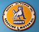 Vintage Husky Gasoline Porcelain Sign Hi Power Gas Motor Oil Pump Sign